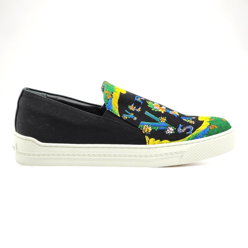 Versace Beverly Palm Print Canvas and Leather Sneakers - 40 - Picture 3 of 8